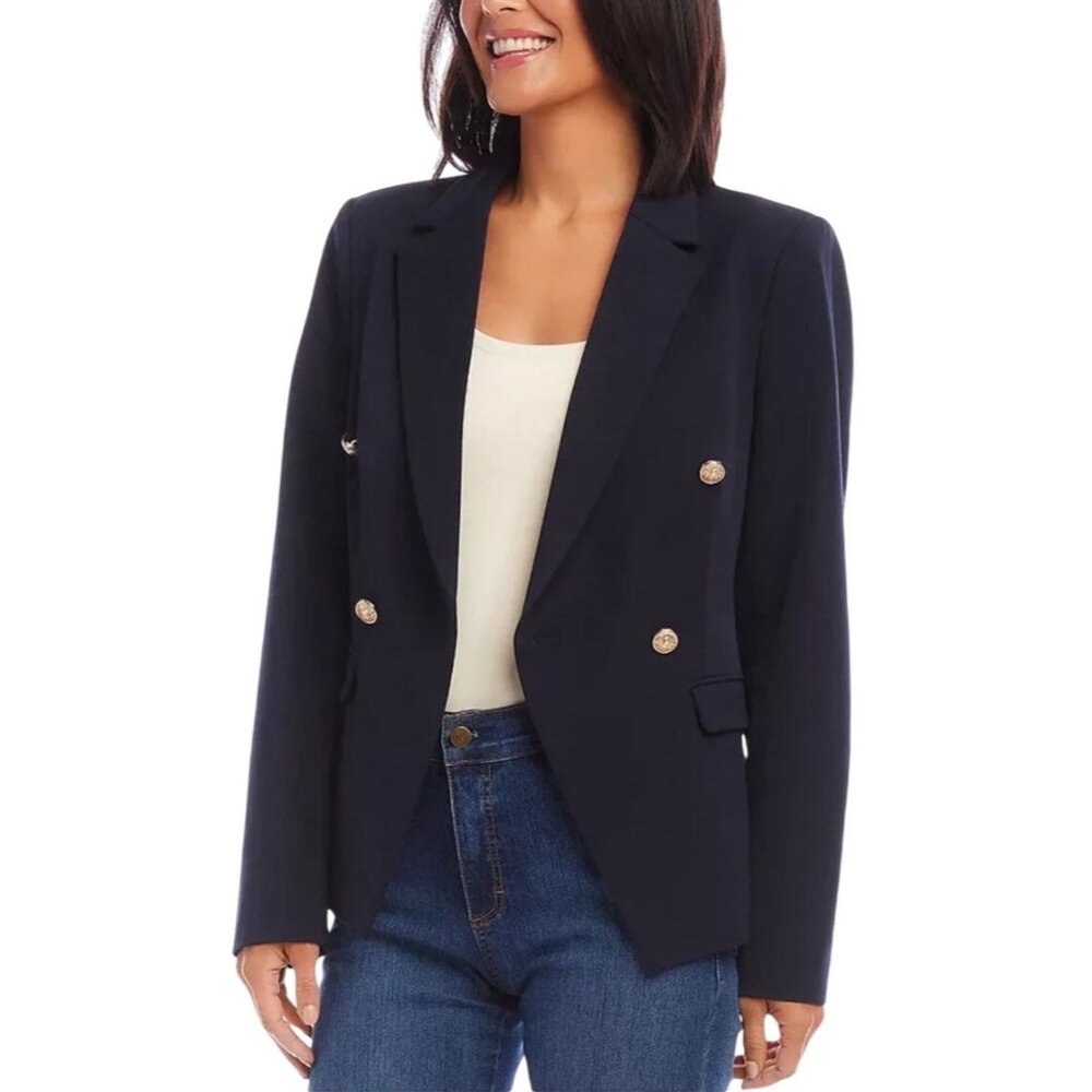 Karen Kane Fitted Blazer in Navy with Decorative Crest Buttons – Size L